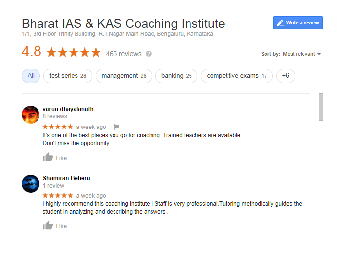 Bharat IAS & KAS Coaching Institutes Bangalore Reviews